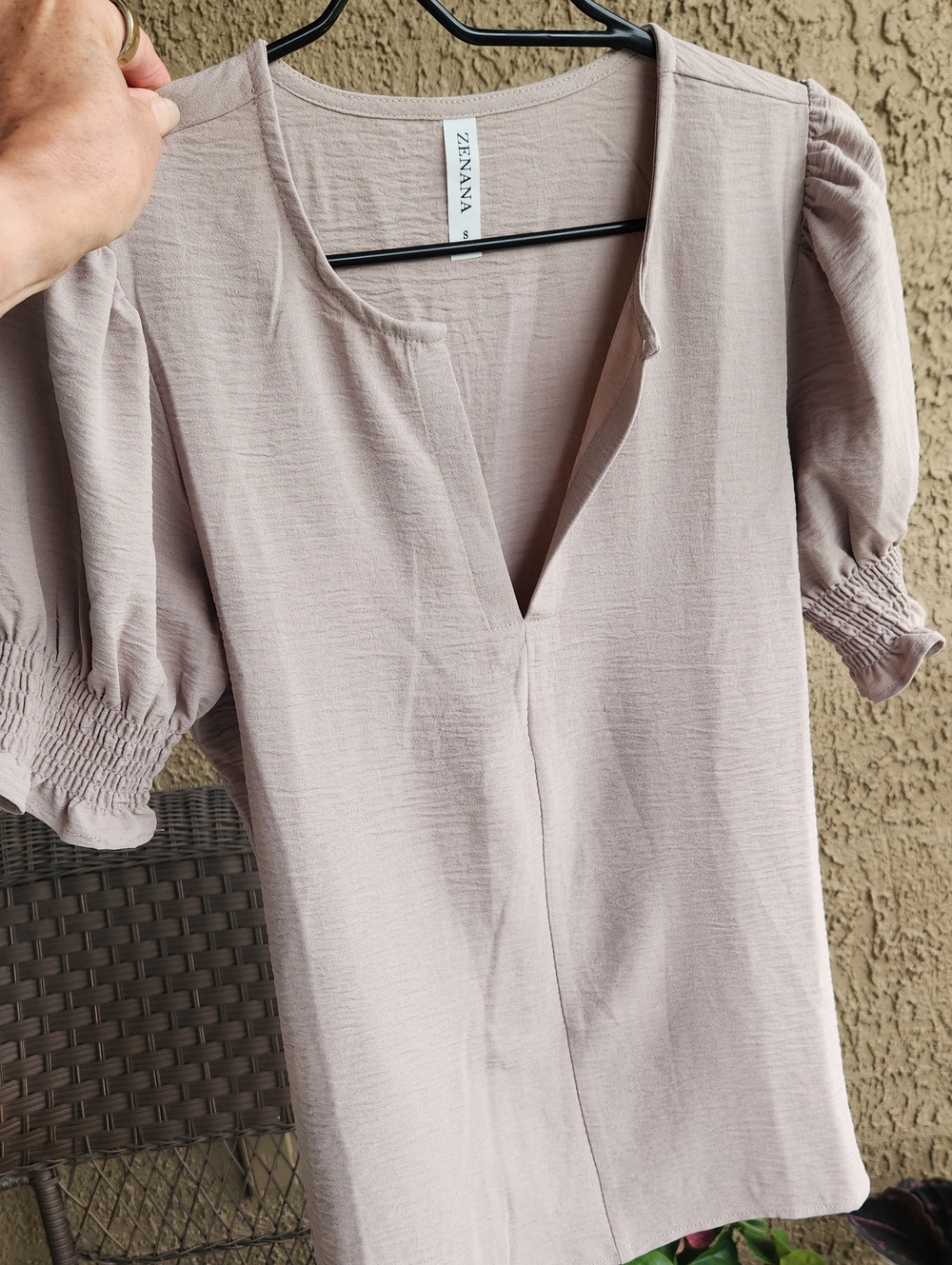 Zenana Taupe Short Puff Sleeve V-Neck Blouse